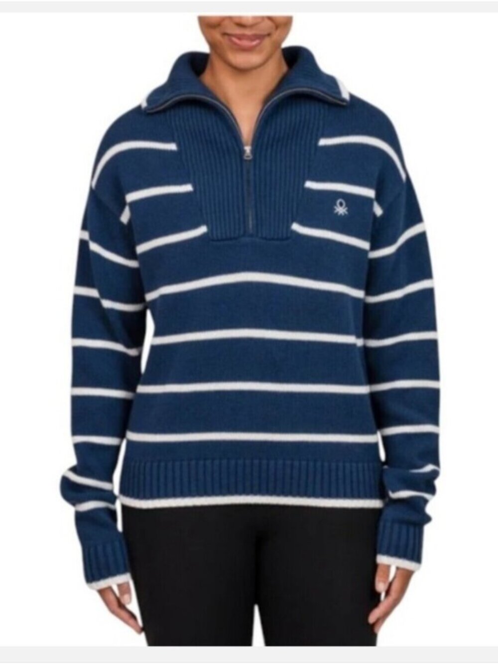 UNITED COLORS OF BENETTON | 1/4 Zip Sweater nautical Striped Blue White Sz S